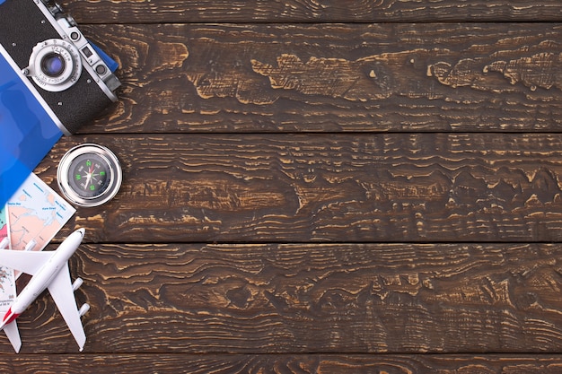 Accessories and items for traveling on the table in composition