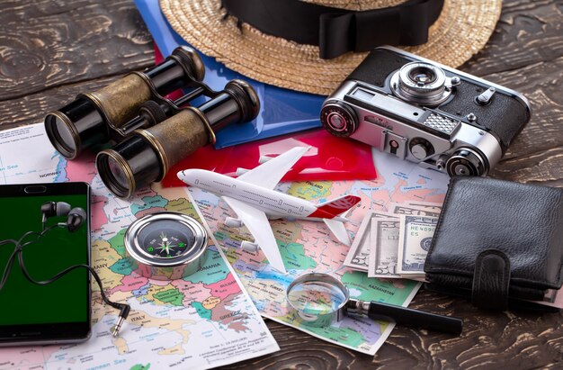 Photo accessories and items for traveling on a table