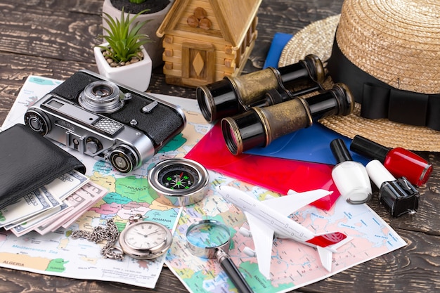 Photo accessories and items for traveling on a table