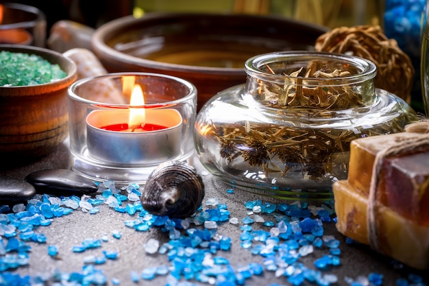 Accessories for spa salon on the table