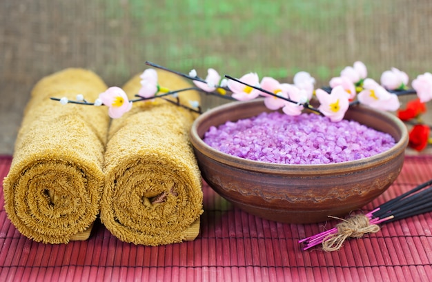 Accessories for spa salon on the table