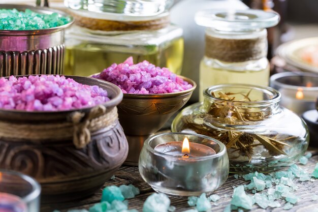Accessories for spa salons in composition on the table