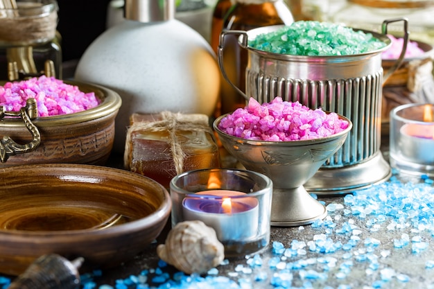 Accessories for spa salons in composition on the table.