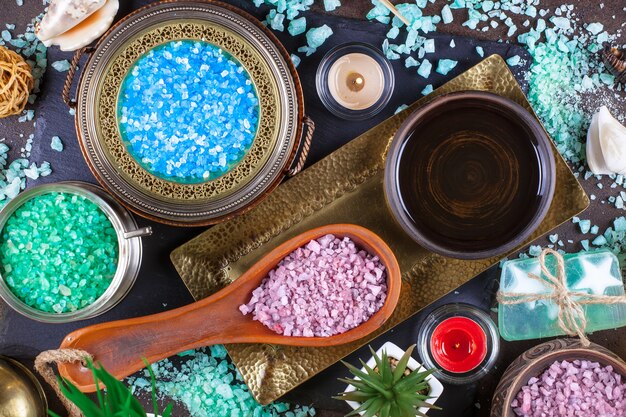 Accessories for spa salons, on an old background, on a table