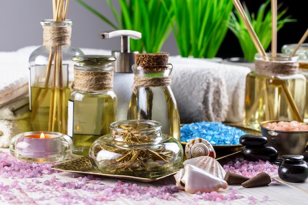 Accessories for spa salons on an old background on a table