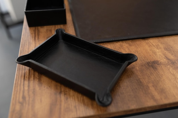 Accessories for stationery made of leather on the desktop