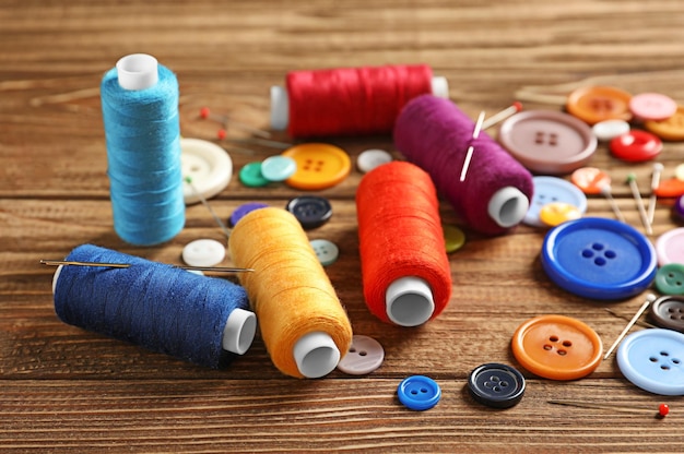 Accessories for tailoring on wooden table