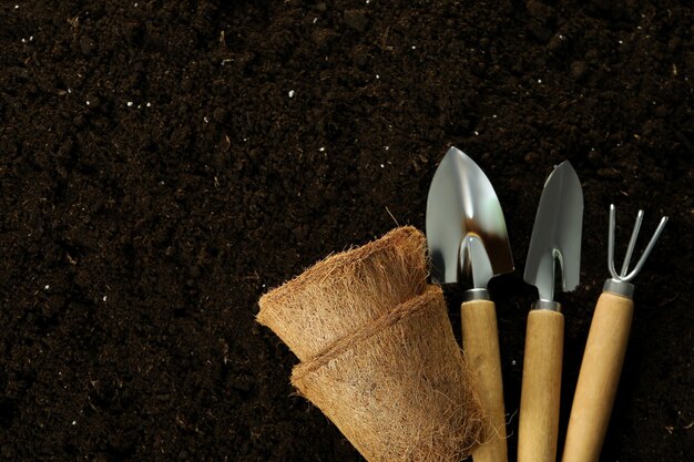 Accessories And Tools For Gardening On Soil Background