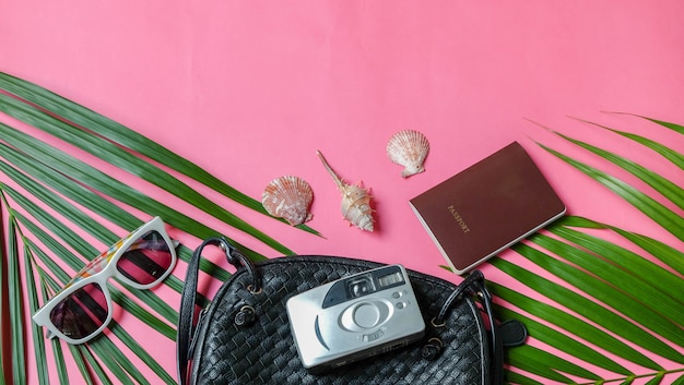 Accessories traveler camera and sunglasses palm leaf. top view concept summer.