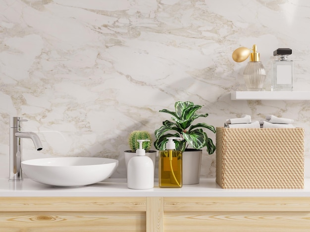 Accessories on white shelf in bathroom interior