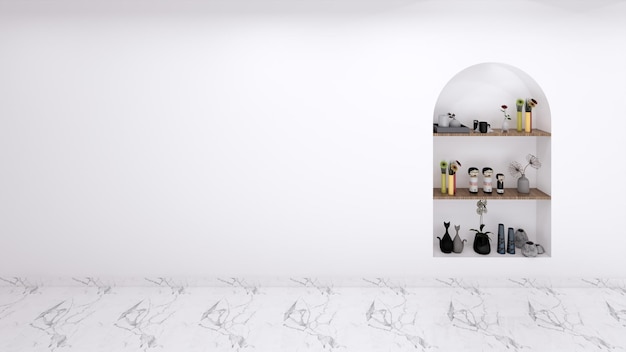 Accessories on a white wall shelf with ample space, 3D Design Interior