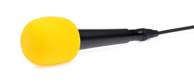 Accessories yellow sponge on head microphone isolated on white background.