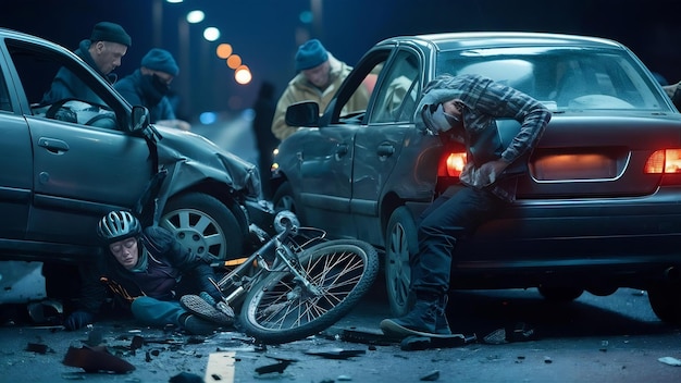 Accident car crash with bicycle on road because drunk driving