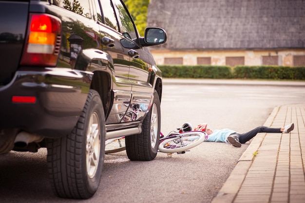 Accident Girl on the bicycle is hit by the car