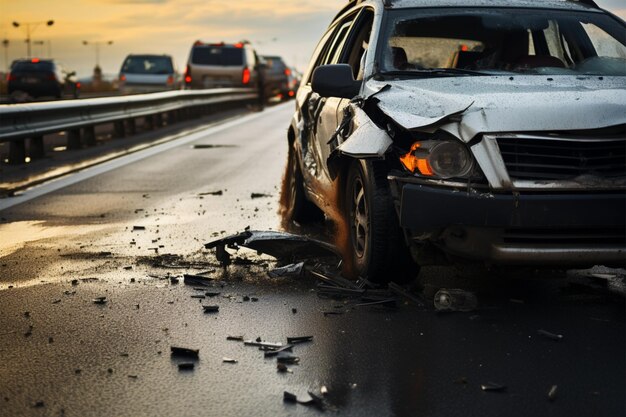 写真 高速道路での事故により車が損傷し、道路上の大破した車両