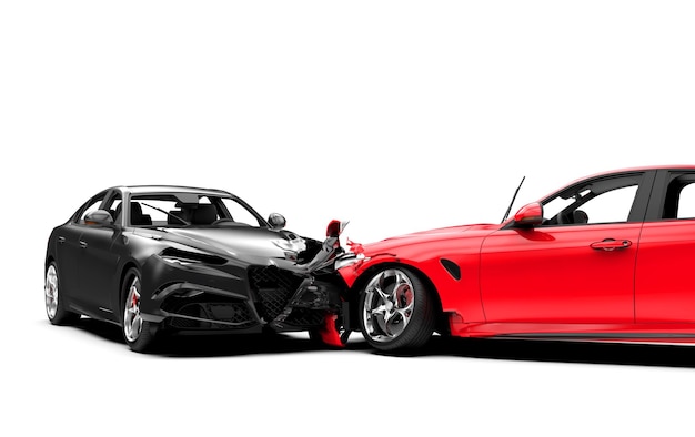 Accident between two cars one red and one black isolated on white