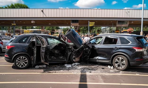 Accident of two cars on the road at daytime Two black vehicles collided and got terrible damage Generative AI