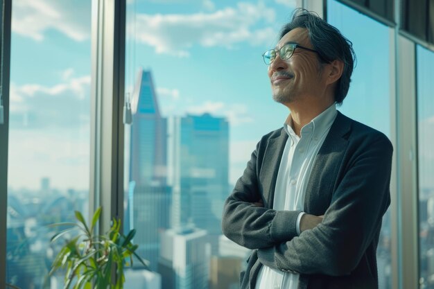 An accomplished Japanese middleaged man stands in a modern skyscraper office