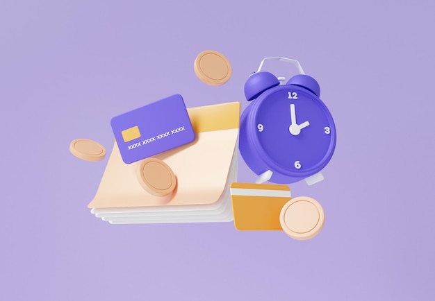 Account book bank with alarm clock floating on purple pastel\
background transaction appointment concept tax payments saving\
money deposit minimal cartoon style 3d render illustration