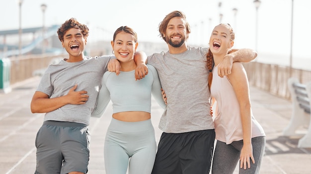 accountability fitness group of friends portrait for outdoor training exercise or summer workout motivation mission and goal of fun sports people exercise break for healthy lifestyle in urban city