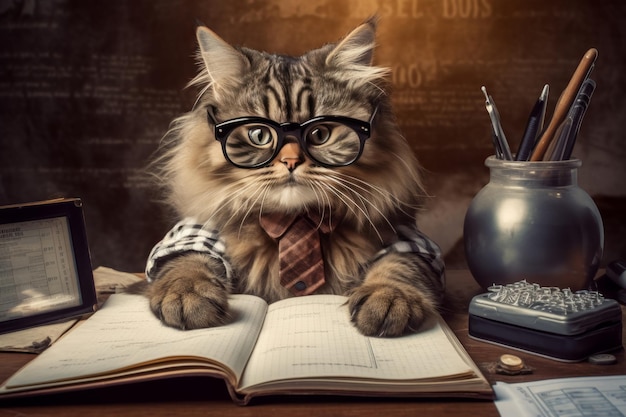 Photo accountant cat with glasses planning budget