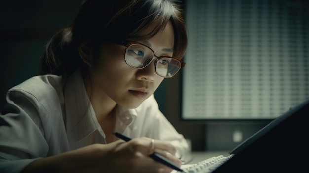 Accountant Female Asian seriously Analyzing the document Generative AI AIG22