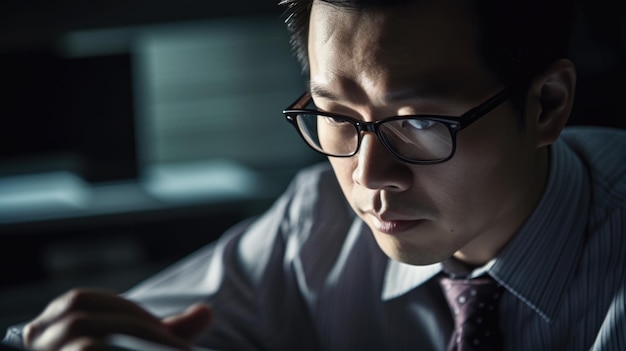 Бухгалтер мужчина азиат серьезно анализирует документ Генеративный AI AIG22