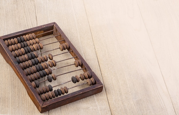 Accounting abacus on wooden textured background with copy space