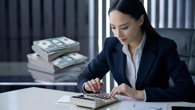 Accounting concept businesswoman working using calculator with money stack in office