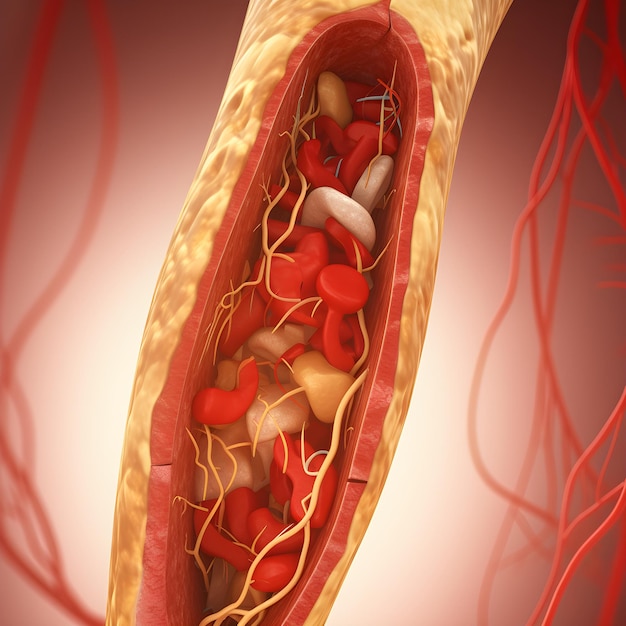 The accumulation of cholesterol in the blood vessels