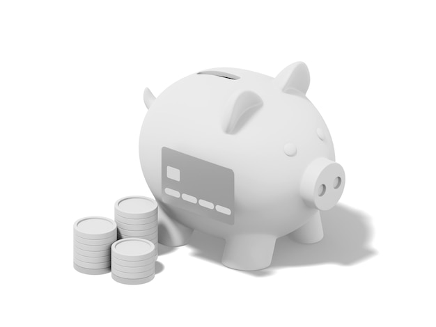 Accumulation of savings icon 3D rendering White piggy bank with stacks of coins credit card on white background