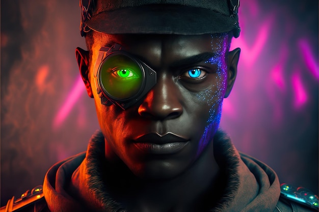 ace of a realistic human black character with cat eyes futuristic post apocalyptic world AI Generate