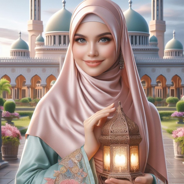 Aceh woman in hijab wearing modern gamis pastel color