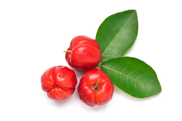 Acerola Cherry with leaves isolated on white