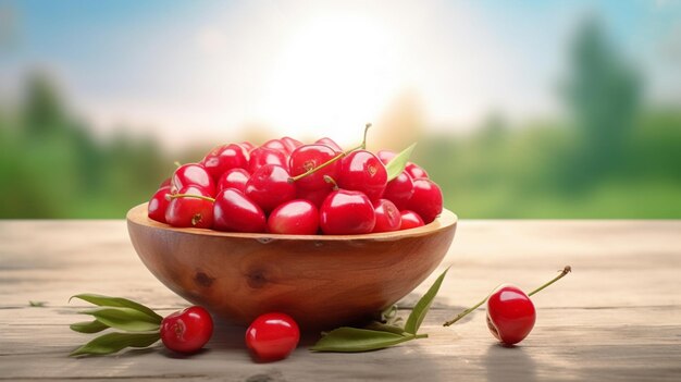 acerola cherry in wooden bowl on wooden table