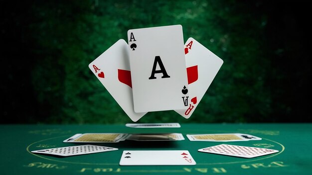 Aces card in air over the playing cards on green poker table