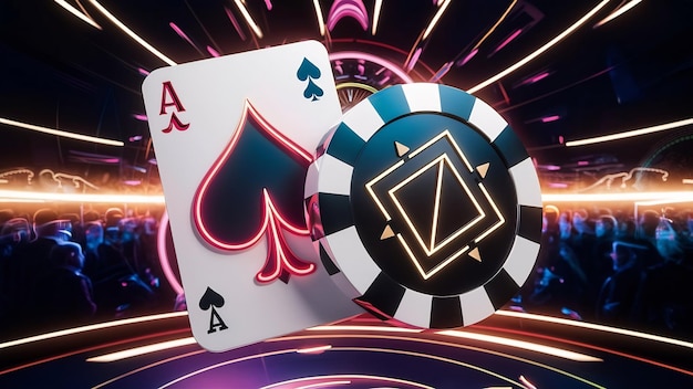 Aces playing cards neon colored symbol with casino chip 3d rendering illustration