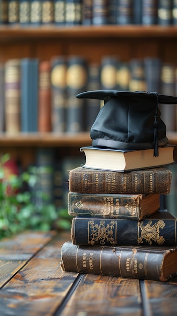 卒業の帽子と本は学術的な成功を象徴する 垂直のモバイルの壁紙