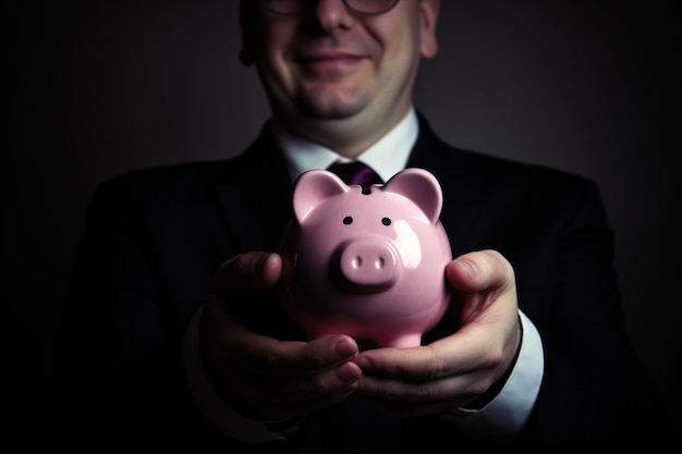 Achieving Financial Success An unrecognizable man holding a piggy bank with a smile