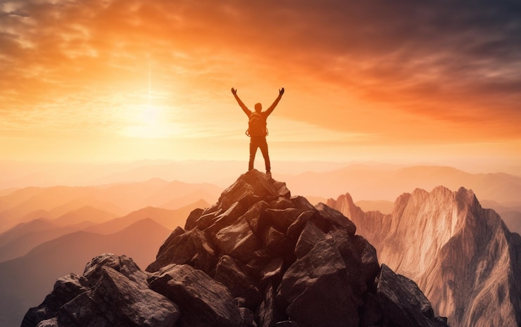 Photo achieving your dreams concept with mountain climber celebrating success on top of mountain