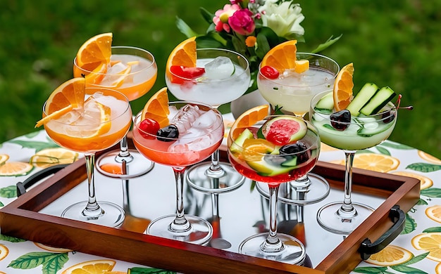 Acht alcoholische cocktails met sinaasappels, ijs, watermeloen, kersen, peren en komkommers.