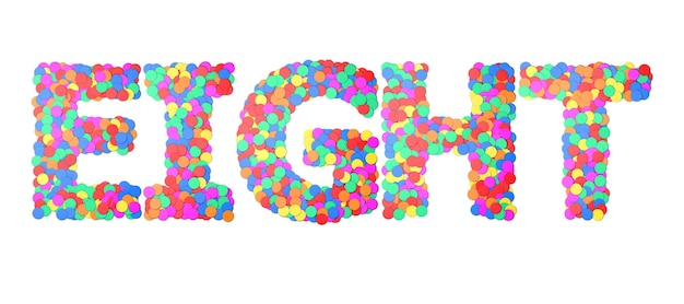 Acht confetti type woord 3D-rendering