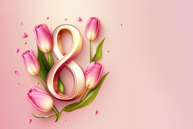 Acht maart sjabloon met glanzend nummer acht met tulpenbloemen op roze achtergrond met lege ruimte voor tekst