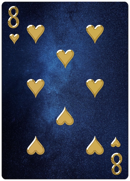Acht van harten speelkaart, ruimte achtergrond, goud zilver symbolen, met uitknippad.