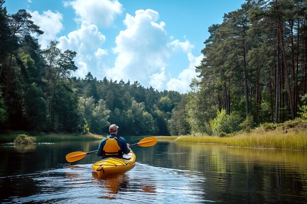 achter de kajakman zeilt hij op de rivier op een kajak in de zomer op de achtergrond van het bos