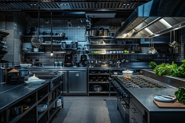 Foto achter de schermen een lege keuken van een restaurant verkennen