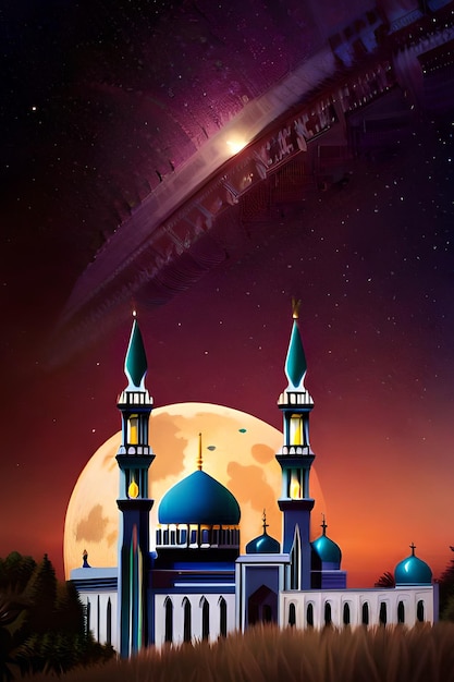 Foto achter een moskee is een ster zichtbaar en daarachter is de maan zichtbaar.