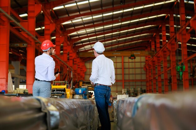 Achteraanzicht achter- en achteraanzicht Professionele ingenieur en civiel bouwteam Werken bij metaaldraaibank industriële productiefabriek Ingenieur Draaibank bedienen Machines Productkwaliteit Inspectie