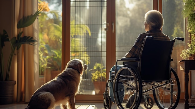 Achteraanzicht Eenzame bejaarde senior man in een rolstoel met zijn hond concept ai