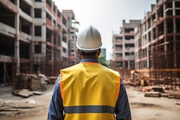 Achteraanzicht ingenieur kijkt naar boven Hoek op grondniveau van bouwplaats